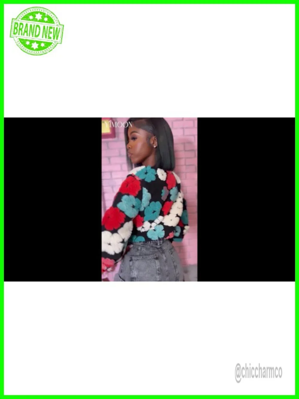Cropped Floral Fleece Bomber Jacket Puff Sleeve Ribbed Cuff